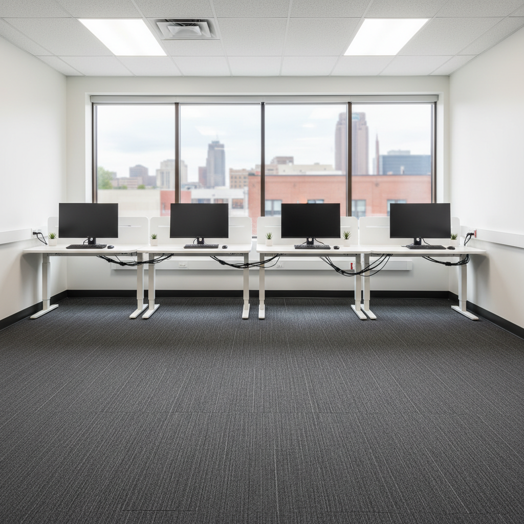 The inside of a small office space immediately after a professional cleanup, with perfectly aligned workstations, dust-free computer monitors, and neatly organized cable management along the back of each desk. The dark gray commercial carpet shows freshly vacuumed lines, and the white walls appear spotless. Large windows reveal a blurred view of a Buffalo city block and a hint of downtown buildings. Bright, even fluorescent and natural window light blend to create a crisp, efficient atmosphere. Photographic realism from a wide-angle lens at eye level, maintaining sharp focus from foreground to background, emphasizes organization, reliability, and the thoroughness of professional office cleanup services.