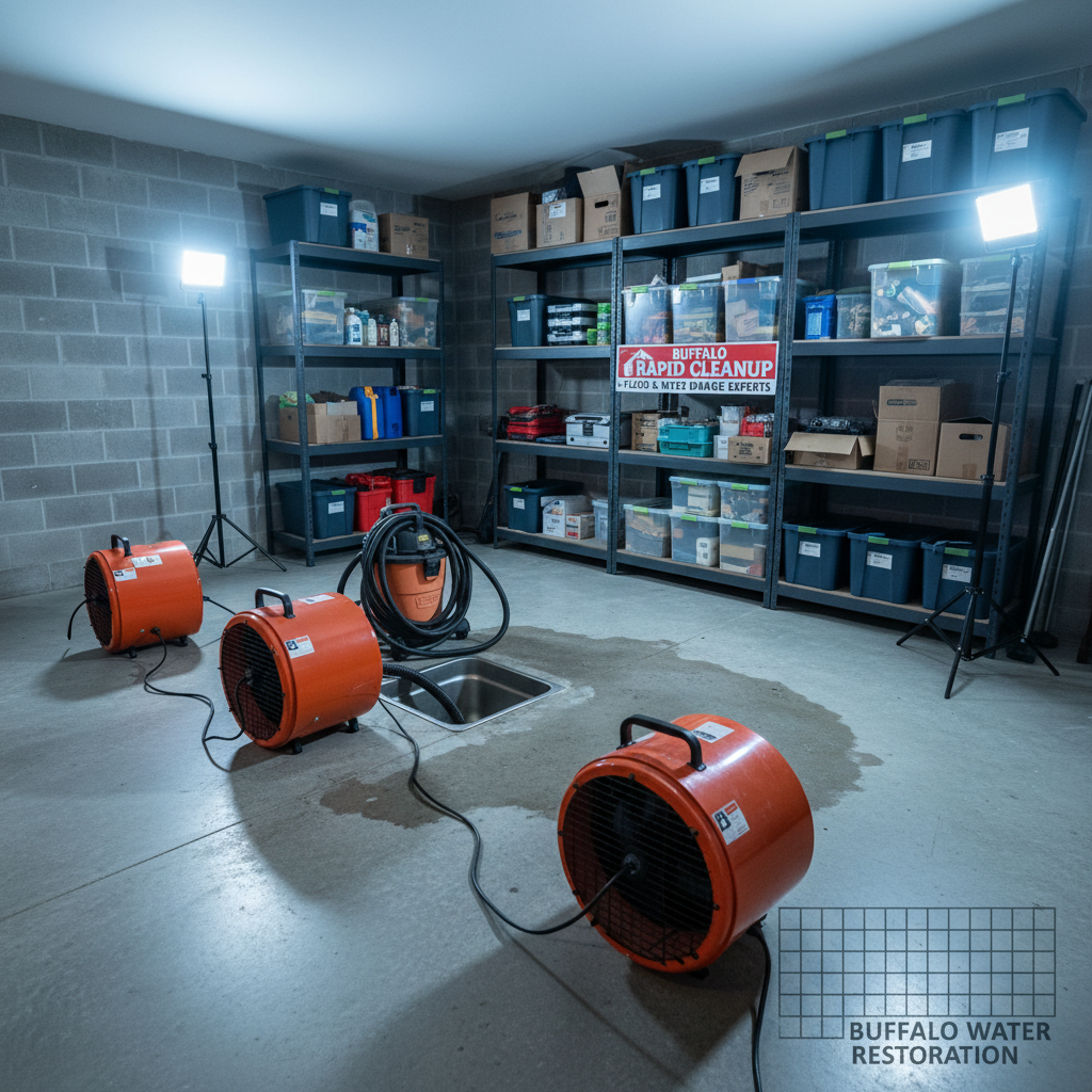 A carefully staged emergency cleanup scene in a basement where minor water damage has just been addressed, featuring industrial-grade fans pointed at a clean, drying concrete floor and a neatly coiled wet vacuum hose resting beside a drained sump pump. The once-cluttered area is now cleared, with items stacked safely on metal shelving along the walls. Cool, diffused LED work lights brighten the space, revealing no standing water or debris. Photographic realism captured from a low, three-quarter angle, with clear emphasis on the equipment and tidy surroundings, communicates urgency, competence, and fast response for Buffalo homeowners needing rapid cleanup services.
