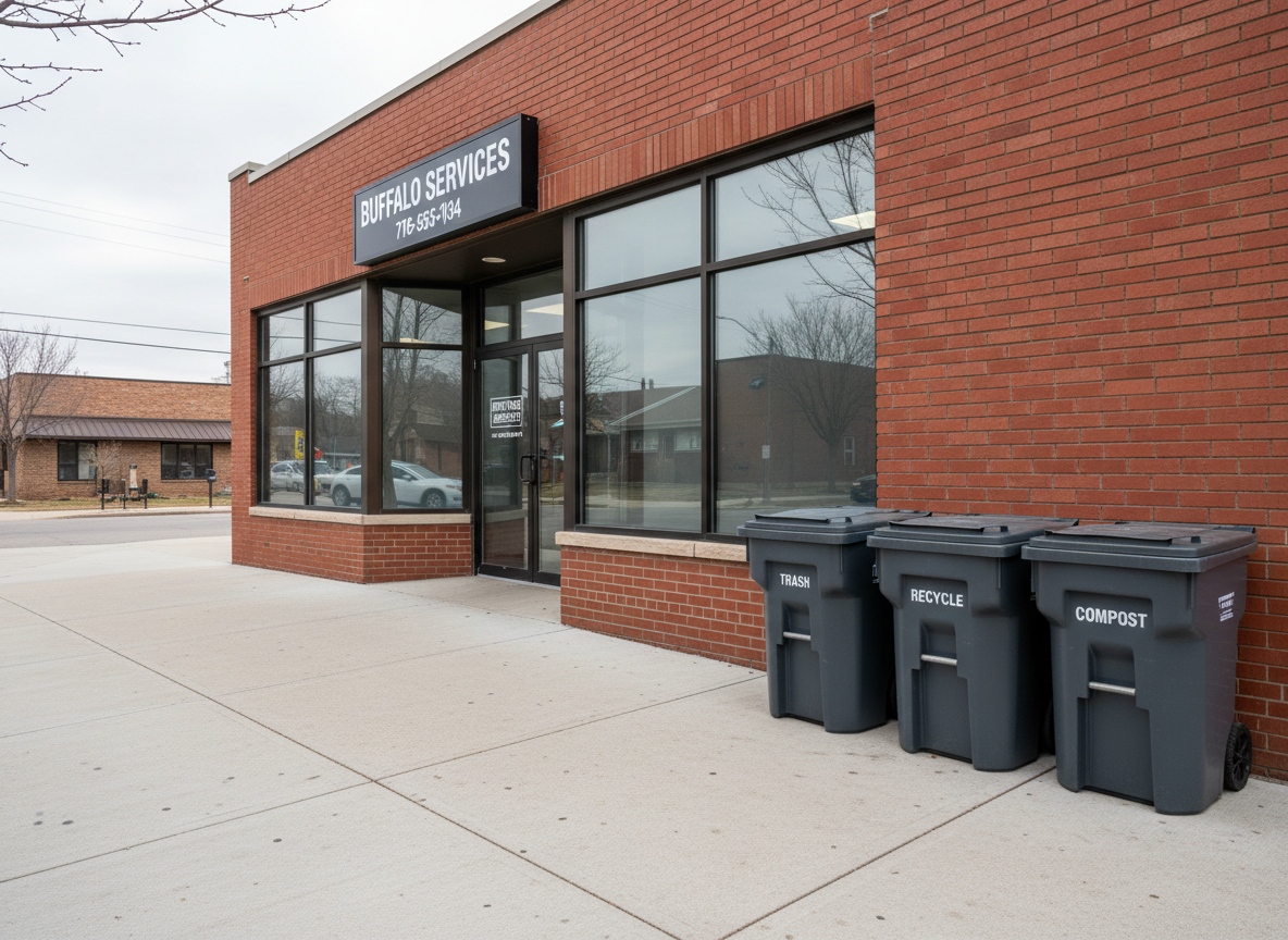 The exterior of a small commercial storefront in Buffalo right after a professional cleanup, with a freshly swept concrete sidewalk, spotless glass windows, and neatly arranged trash and recycling bins lined up along the side wall. The brick façade looks crisp and free of grime, with a visible 716 area code phone number printed on a clean, modern sign above the door. Overcast daylight provides soft, even lighting with minimal harsh shadows, emphasizing cleanliness and professionalism. Captured in photographic realism from a slightly angled street-level perspective, the composition uses the rule of thirds to showcase the pristine entrance and clear walking path, giving a sense of fast, reliable business service.