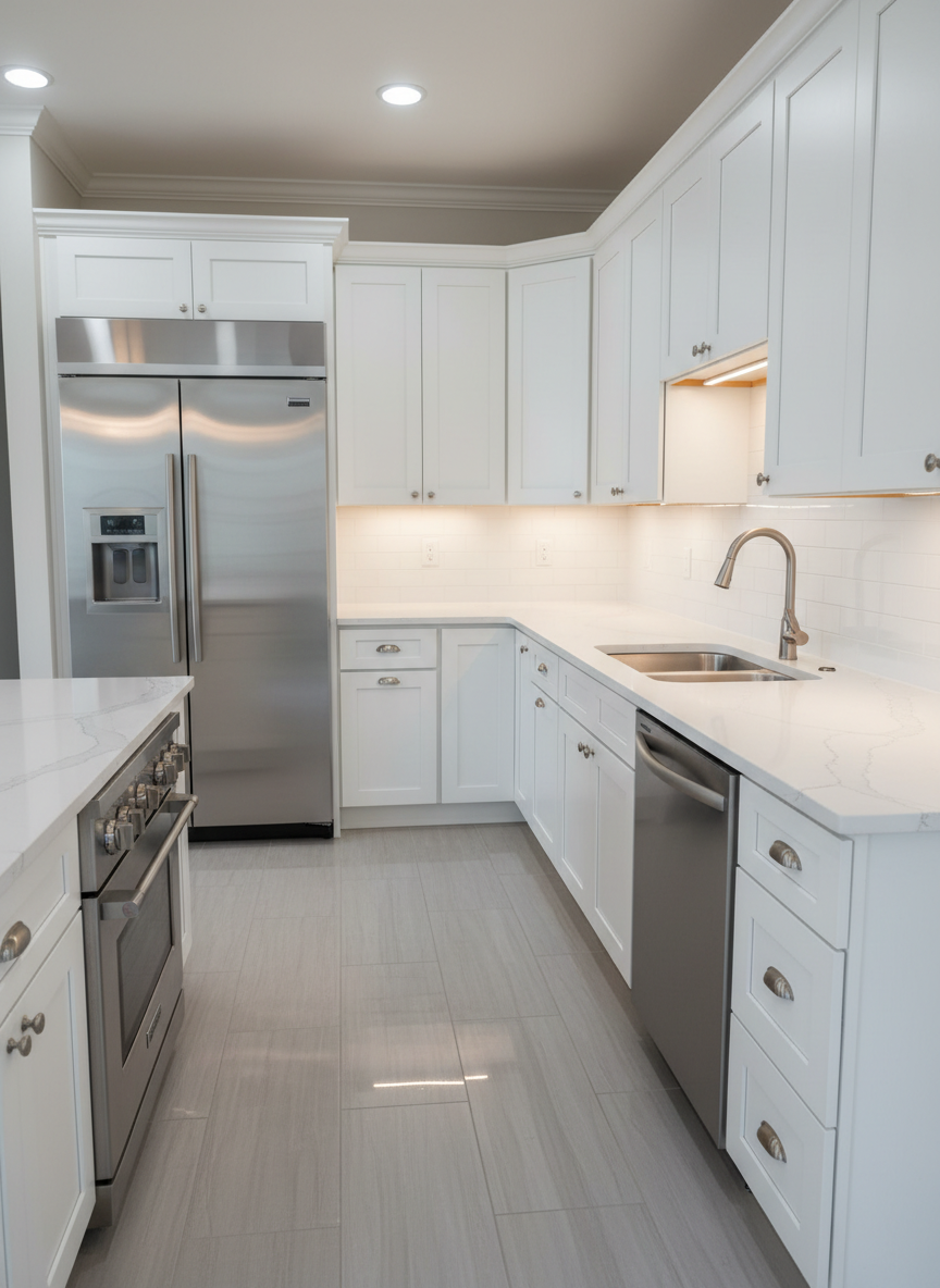 A meticulously cleaned kitchen interior featuring stainless steel appliances free of smudges, white shaker cabinets with perfectly wiped surfaces, and a spotless quartz countertop with a subtle gray veining pattern. A metal sink basin gleams under bright, diffused under-cabinet LED lighting, with no clutter or residue visible anywhere. In the background, a neatly mopped tile floor reflects a touch of overhead recessed light. Photographic realism, shot from a slightly elevated corner angle to capture the full workspace, with sharp detail and high dynamic range. The mood is hygienic, efficient, and professional, ideal for highlighting residential cleanup services that leave no trace of dirt or mess behind.