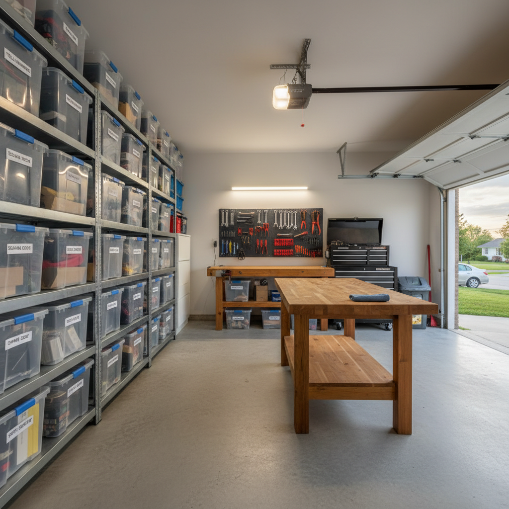 A cluttered garage transformed into a perfectly organized, freshly cleaned space, with swept concrete floors, clearly labeled storage bins stacked neatly on sturdy metal shelving, and a workbench surface free of dust and debris. A single open overhead door reveals a slightly blurred glimpse of a quiet Buffalo suburban street outside. Late afternoon natural light streams in, combining with a bright LED ceiling fixture to create clear, even illumination with soft, controlled shadows. Photographic realism from a slightly elevated, wide-angle perspective shows the entire space in sharp focus, conveying order, capability, and the satisfaction of comprehensive residential cleanup and junk removal services.